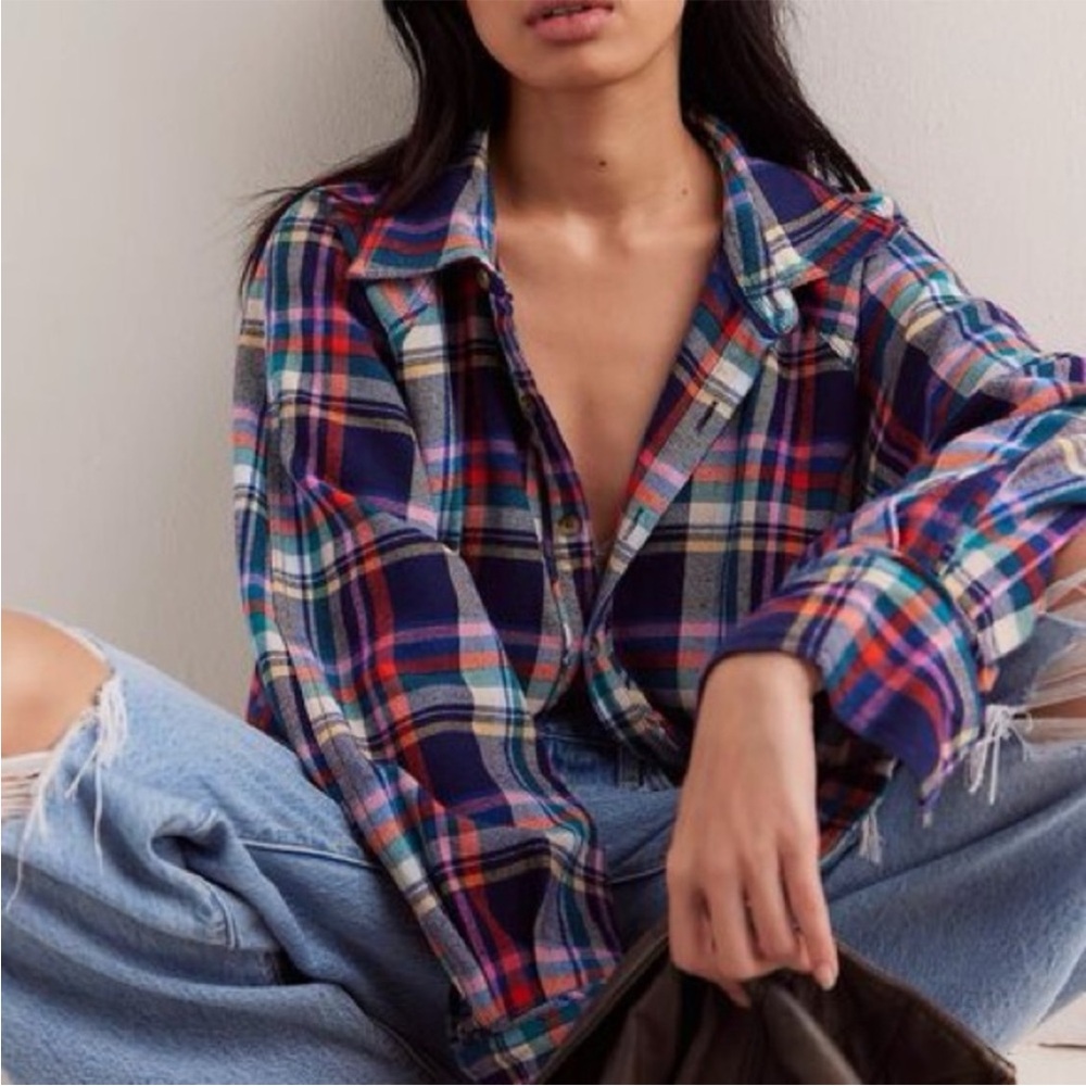 x We The Free Girl Meets Boy Plaid Shirt in Navy Combo